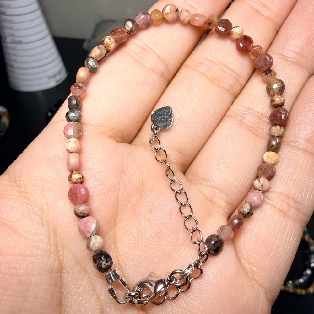 Rhodonite & Rhodochrosite 4mm Adjustable Bracelet | Stainless Steel Extender - Picture 3 of 4